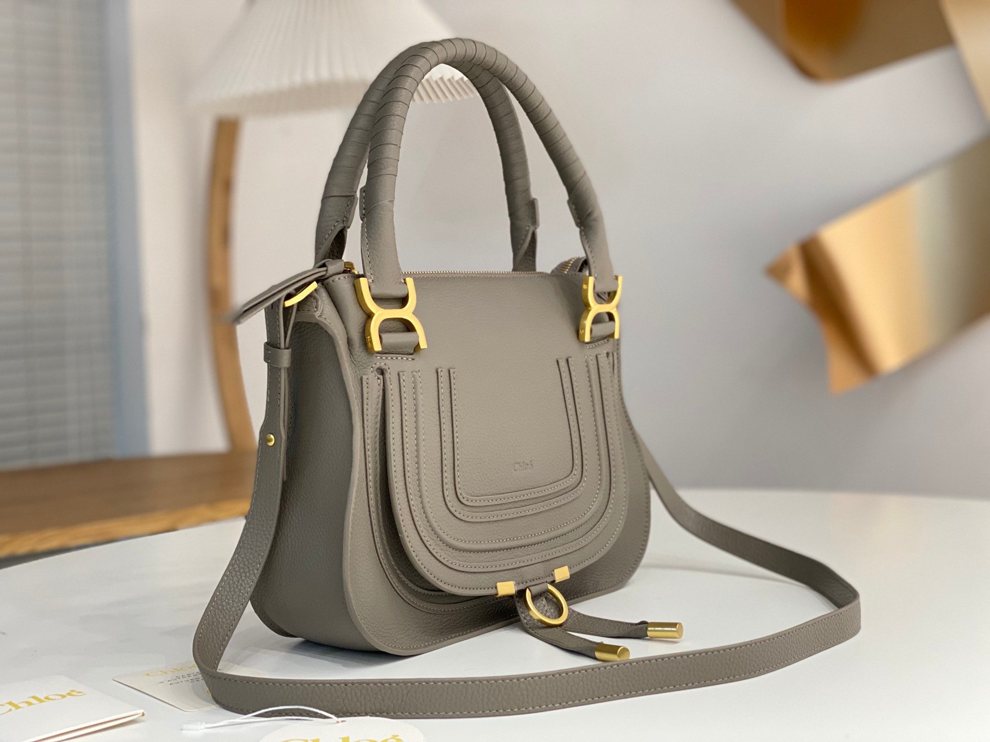 Chloe Small Marcie Bag In Dark Grey Grained Leather